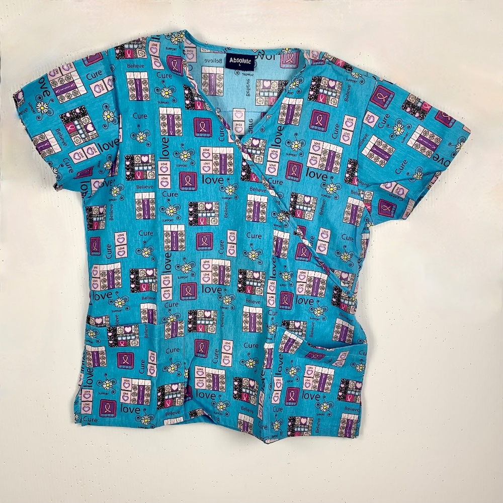 Absolute Scrub Top L Cure Love Cotton Pockets Short Sleeves Wrap Front Pullover